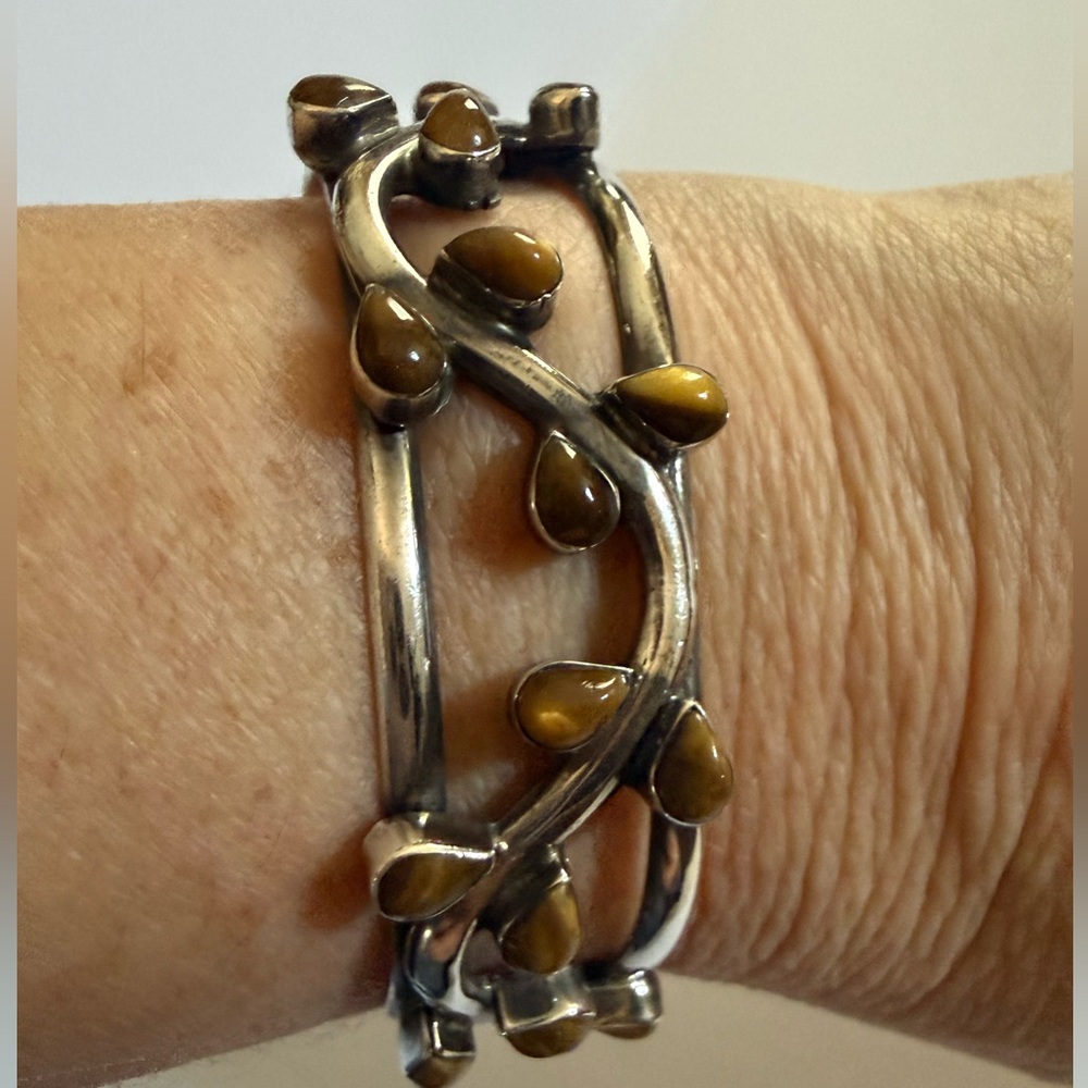 .925 Sterling Silver Tiger's Eye Cuff Bracelet, Floral Vine Design, Mexico